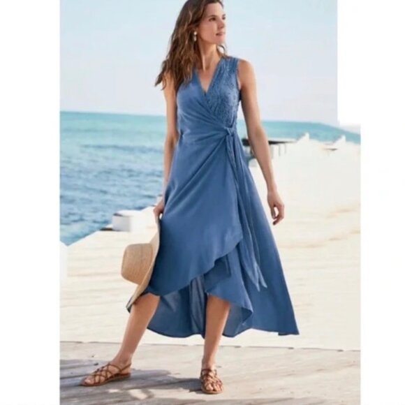 Soft Surroundings PETITE Santa Fe Embroidery Cotton Gauze Midi Wrap Dress Medium - Picture 1 of 12